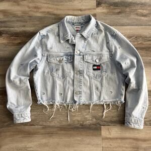 Tommy Jeans Oversized Cropped Trucker Jacket Women’s XS Light Wash Distressed